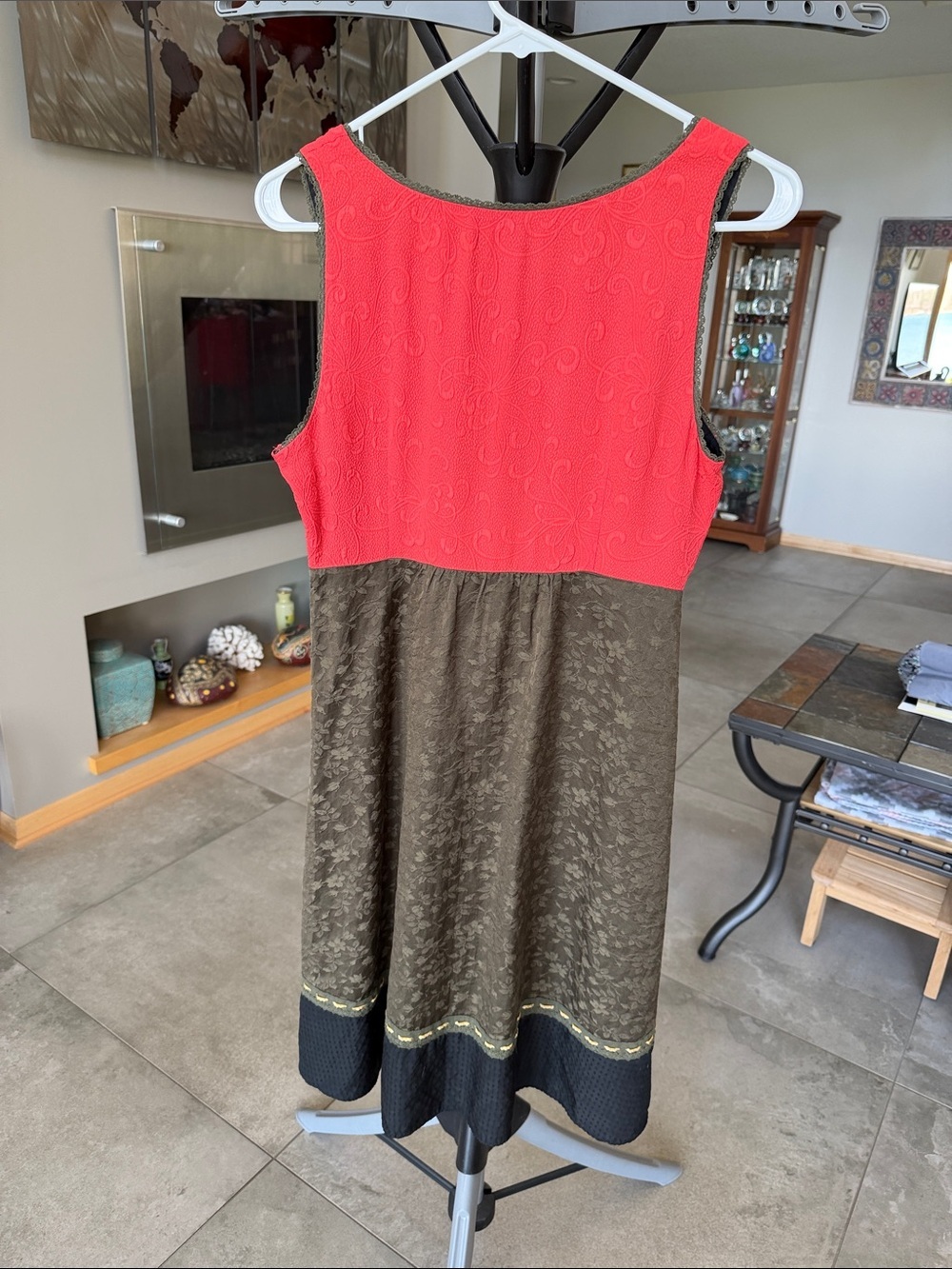 Moulinette Soeurs silk Red Olive Green Mixed-Media Sleeveless Dress size Small - Picture 2 of 10